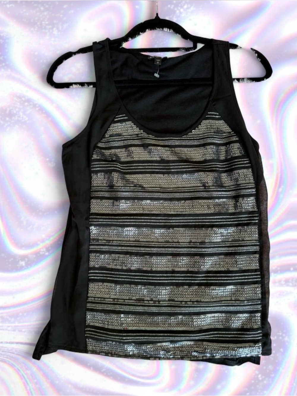 Express Black Tank Top with Silver Sequin Stripes